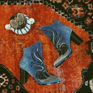 RARE Donald J Pliner Blue Beaded Suede Quiva Boots